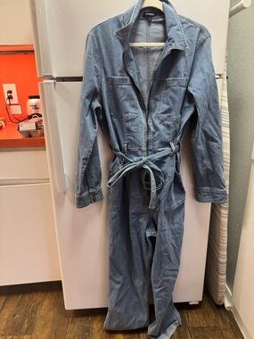 Express Light Blue Denim Utility Jumpsuit with Front Zip